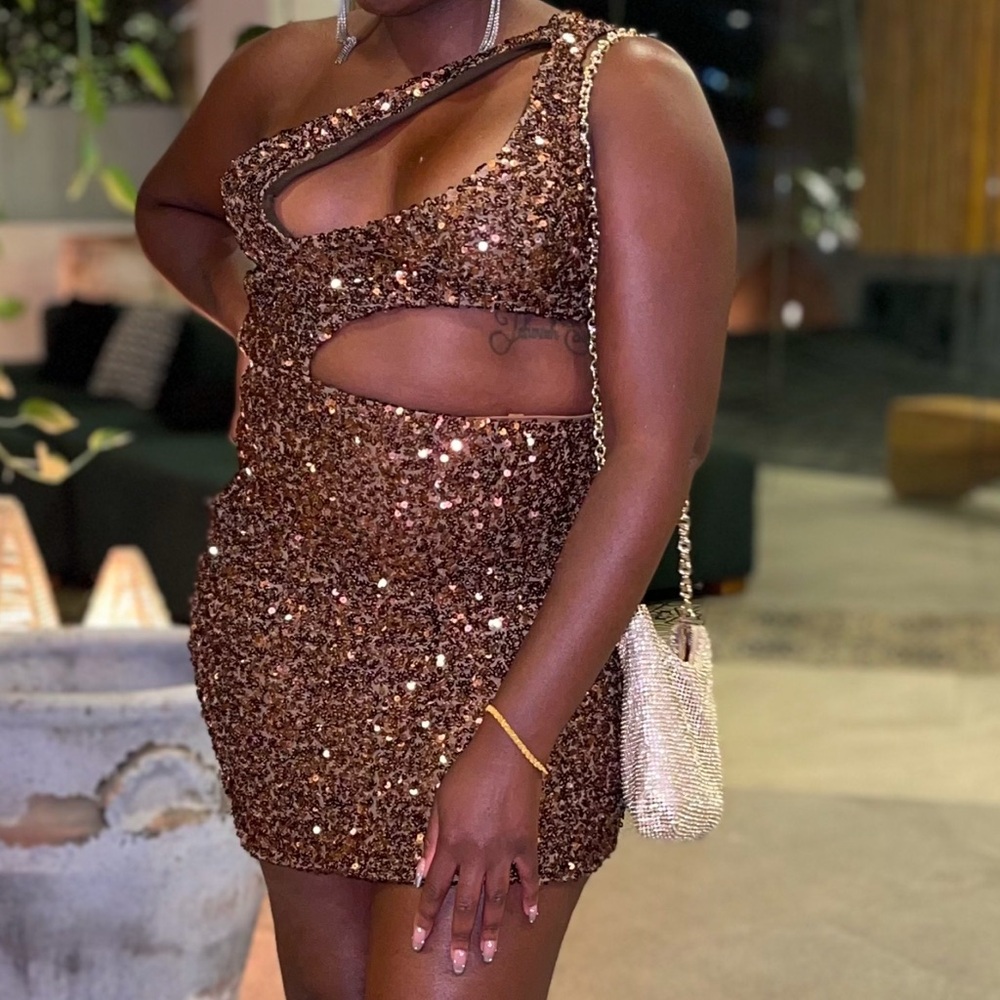 Bronze Sequin One-Shoulder Dress